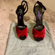 Ralph Lauren Collection Purple Label Red Velvet Heels That Have Been In A Cloth Bag And Never Worn. They Have A Black Suede Platform And 5.25 In. Black Suede Heel. These Shoes Would Be Perfect To Wear For The Upcoming Holiday Season! Designer Red Heels For Formal Occasions, Red Designer Heels For Formal Occasions, Red Velvet Heels, Velvet Heels, Black Suede Heels, Purple Label, Ralph Lauren Purple Label, Cloth Bag, Ralph Lauren Collection