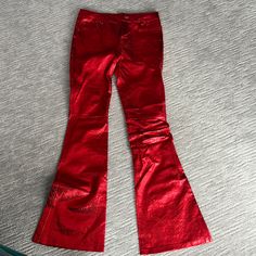 Never Worn So Cool On Sold Out Online Red Flare Bottoms For Party, Red Flare Pants For Party, Fitted Red Bottoms For Holiday, Fitted Red Bottoms For Festive Occasions, Red Flare Party Bottoms, Festive Fitted Red Pants, Festive Fitted Red Bottoms, Red Full Length Pants For Party, Small Jeans