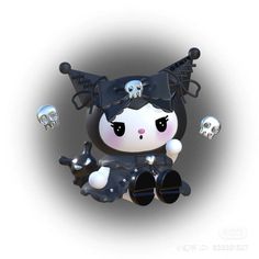 a black and white doll with skulls on it's head sitting in the air