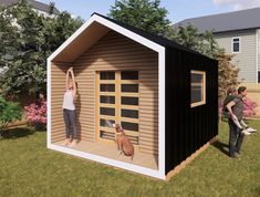 two people and a dog standing in front of a small shed with doors on the side