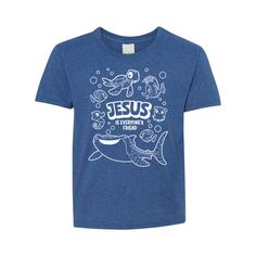 Get kids excited for a fun week at Under the Sea VBS by handing out this comfy t-shirt! Printed with "Jesus is Everyone's Friend" messaging and a myriad of ocean animals, this eye-catching shirt is a great supplement to VBS giveaways and is perfect for wearing during the program, at school or home. © OTC

o Fits sizes 6-8.
o Brand: Fruit of the Loom
o Short sleeve
o 100% pre-shrunk cotton, 5.0 oz. 
o High-density fabric
o Tear away label
o Double needle hemmed sleeves and bottom
o Seamless 1x1 rib collar
o Shoulder-to-shoulder taping
o CPSIA compliant - all Fruit of the Loom® youth products and packaging comply with the tracking label requirements of the Consumer Product Safety Improvement Act
o Need more? With our tees, we've got your back (and front)! To order in bulk for any size group, Vbs Shirt, Ocean Vbs, Sea Stories, Vbs Ideas, Adventure Of The Seas, Ocean Animals, Jesus Is, Consumer Products, At School