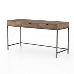 a wooden desk with two drawers and metal legs