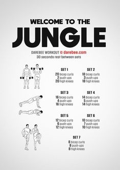 a poster with instructions for how to use the jungle exercise system, including dumbs and push ups