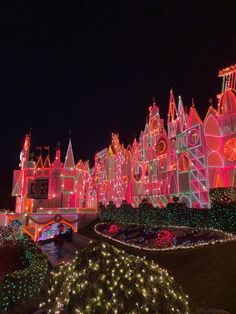 an elaborately lit castle is shown at night