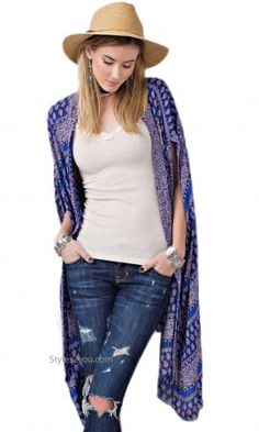 Magdalena Bohemian Dolman Sleeve Kimono Open Cardigan Blue Bohemian Cover-up For Layering, Bohemian One-size Cover-up For Layering, Bohemian One Size Cover-up For Layering, Bohemian Kimono For Layering, One Size, One Size Bohemian Blue Cover-up, Bohemian Blue One-size Cover-up, Blue Bohemian Shawl For Summer, Oversized Casual Shawl For Spring, Casual Oversized Shawl For Spring