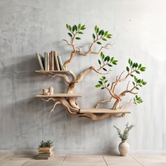 a tree shelf with books on it in front of a wall mounted bookcase and potted plant