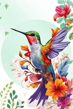 a colorful hummingbird sitting on top of flowers