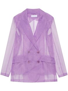 lilac purple organza sheer peak lapels long sleeves two front flap pockets straight hem double-breasted button fastening Zara Purple Blazer, Elegant Single Button Purple Blazer, Fitted Double-breasted Purple Blazer, Elegant Purple Double-breasted Blazer, Purple Single-breasted Long-sleeved Blazer, City Dress, Fashion Aesthetics, Summer Beach Wear, Ski Wear