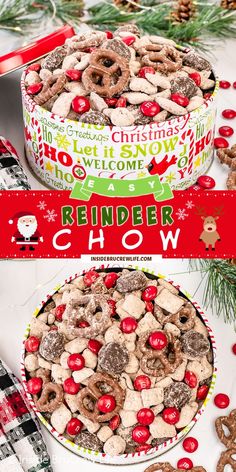 two christmas desserts are shown in front of a red and white banner with the words reindeer chow on it