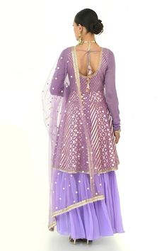 Lavender short anarkali with all-over floral patterns. Comes with sequin butti dupatta. - Aza Fashions Short Anarkali, Anarkali With Dupatta, Women Kurta, U Neck, Neck Pattern, Floral Patterns, Anarkali, Aza Fashion, Floral Pattern