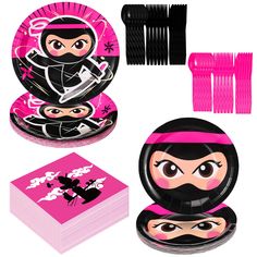 an assortment of pink and black party supplies including plates, forks, napkins and fork holders