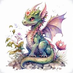 a watercolor painting of a dragon sitting on top of a rock with flowers around it