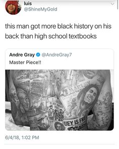 the back of a man's chest with tattoos on it, and an image of his