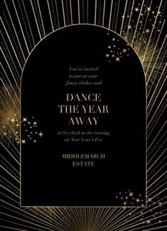 a black and gold wedding card with fireworks in the air, on top of a black background