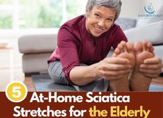 an older woman sitting on the floor with her feet up and smiling at the camera