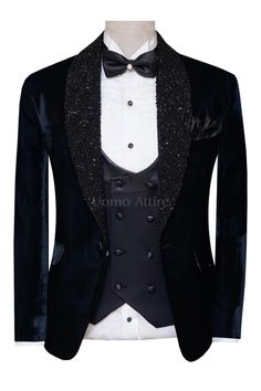 🎉 Step up your style game with our stunning black tuxedo suit! 🖤✨ Made with luxurious velvet fabric, this designer party wear and groom wear ensemble will make you stand out from the crowd. The hand-embellished shawl adds a touch of elegance and sophistication to your look. 💫✨ Don't miss out on this fashion masterpiece! For online order and prices plz visit: https://uomoattire.com/products/designer-groom-and-party-wear-black-velvet-tuxedo-suit or ☎️ Call/WhatsApp on +1 (516) 853-3280 #BlackTu Black Velvet Party Blazer, Luxury Black Velvet Blazer, Luxury Black Three-piece Party Suit, Black Velvet Suit For Semi-formal Occasions, Luxury Black Tuxedo For Groom, Luxury Velvet Suits For Parties, Elegant Black Velvet Tuxedo, Luxury Velvet Party Suit, Elegant Velvet Party Set