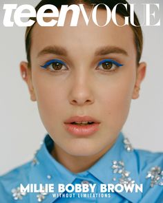 the cover of teenvoque magazine featuring a model with blue eyes and bright makeup