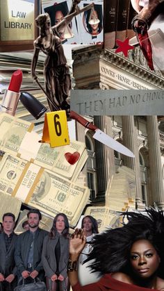 collage of images with money, books, and woman in red dress holding knife