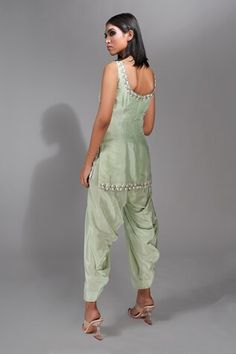 Green strappy kurta with bead and pearl embellished wave patterns. Comes with salwar and dupatta. - Aza Fashions Sleeveless Salwar Kameez With Mirror Work, Sleeveless Fitted Salwar Kameez With Mirror Work, Fitted Sleeveless Salwar Kameez With Mirror Work, Festive Sleeveless Handwork Choli, Strappy Kurta, Straight Kurta, Women Kurta, Wave Pattern, Green Bead