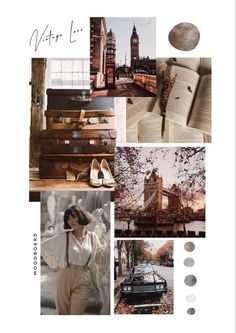 a collage with photos and text that include buildings, trees, cars, and other things