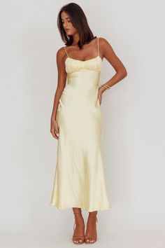 Shop the Nerida Twist Back Satin Maxi Dress Lemon | Selfie Leslie Blue Wedding Guest Dresses, Selfie Leslie, Light Blue Wedding, Winter Formal, Satin Maxi, Baguette Bag, Iron Material, Satin Maxi Dress, Sunday Brunch