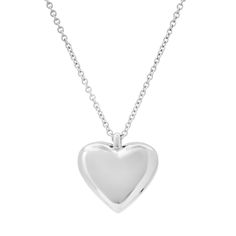 14K White Gold Puffy Heart Locket White Gold Heart Charm Jewelry For Memorial, White Gold Jewelry With Heart Charm For Memorial, Minimalist Jewelry For Valentine's Day Keepsake, Minimalist Keepsake Jewelry For Valentine's Day, White Gold Heart Keepsake Jewelry, White Gold Open Heart Keepsake Jewelry, Valentine's Day White Gold Jewelry With Engraving Option, Elegant Double Heart Jewelry For Memorial, Minimalist Keepsake Jewelry With Polished Finish