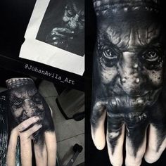 two pictures of hands with black and white tattoos on them