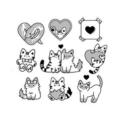 a bunch of cats that are drawn in black and white with hearts on the back