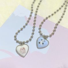 Harajuku Kawaii Fashion Y2K Pastel Animal Heart Pendant Necklace Earrings Set Material: Stainless Steel NOTE: DUE TO VERY HIGH DEMAND, PLEASE ALLOW 12-20 DAYS FOR DELIVERY. Harajuku Style Silver Necklace For Gift, Cute Jewelry For Valentine's Day, Kawaii Necklaces For Valentine's Day, Cute Heart-shaped Metal Jewelry, Cute Valentine's Day Jewelry, Cute Silver Heart Necklace With Charm, Cute Silver Necklaces With Heart Beads, Trendy White Jewelry With Cute Design, Cute White Heart Necklace For Valentine's Day