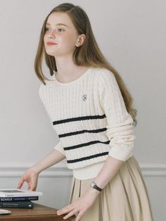 Composition : Cotton 85%Acrylic 15%Color : Ivory_FREECountry of Origin : KOREA White Knit Preppy Tops, White Preppy Knit Tops, Preppy Knit Sweater For Winter, Classic White Soft Knit Sweater, Striped Ribbon, Color Ivory, Long Sleeve Knit, Knitwear, Composition