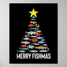 a christmas tree made out of fish with the words merry fishmas written on it