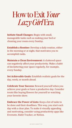 Exit your Lazy Girl era with simple yet powerful changes. Start by establishing a consistent routine and maintaining a clean environment. Set achievable goals and celebrate each success to fuel motivation. Embrace the power of lists to stay organized and focused. Small changes can lead to big transformations- start your journey today.  exit your lazy girl era, routine establishment, clean environment, goal setting, celebrate success, power of lists, small changes, big transformations, self-improvement, personal development, women wealth and wellness club Celebrate Success, Achievable Goals, Writing Therapy, Lazy Girl, Journal Writing Prompts