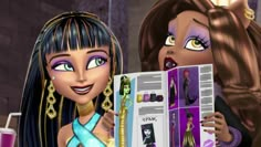 two cartoon dolls are looking at an open book with hair and make - up on it