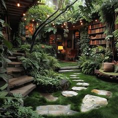 a lush green yard with stepping stones in the grass and lots of greenery on either side