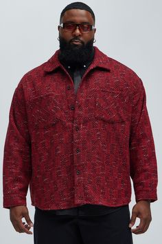 Available In Red/combo. Fold Down Collar Chest Pockets 69% Polyester, 14% Acrylic, 7% Nylon, 7% Rayon, 3% Wool Disclaimer: Plaid Placement Will Vary Imported | Mens Flashing Lights Shacket in Red size Medium by Fashion Nova Red Outerwear With Lapel Collar For Fall, Red Lapel Collar Outerwear For Fall, Red Long Sleeve Outerwear With Pockets, Casual Red Collared Outerwear, Oversized Red Outerwear With Pockets, Red Oversized Outerwear With Pockets, Red Long Sleeve Outerwear With Button Closure, Oversized Red Wool Outerwear, Red Oversized Wool Outerwear