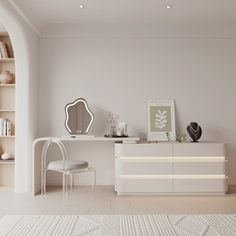 a white room with a desk, chair and bookshelf