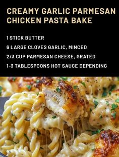 the recipe for creamy garlic parmesan chicken pasta bake is shown on a plate