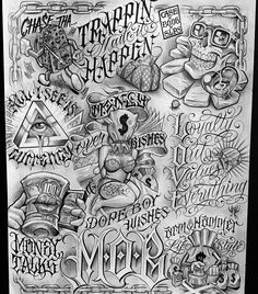 the back side of a poster with many different lettering and symbols on it, including an eye