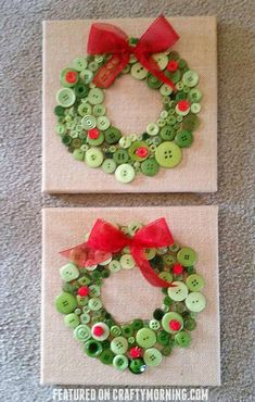 two christmas wreaths made out of buttons