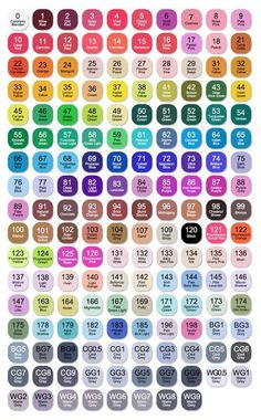 the color chart for each product is shown with different colors and numbers on it's side