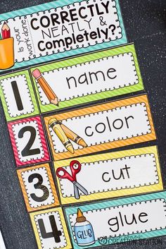 colorful name tags with scissors, pencils and glue on them for the correct words