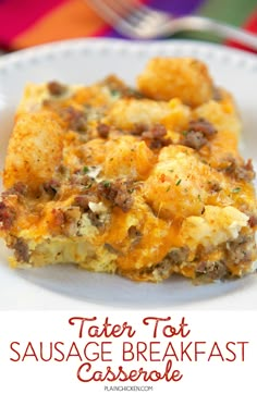 tater tot sausage breakfast casserole on a white plate with text overlay