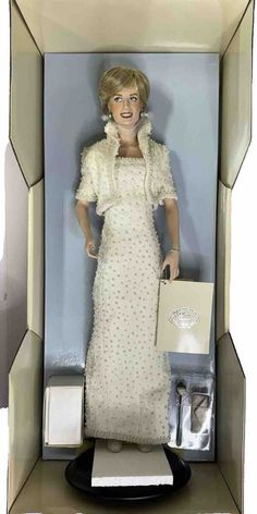 a doll in a box with a white dress and hat on it's head