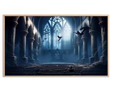 a painting of birds flying in front of a gothic church window with stairs leading up to it