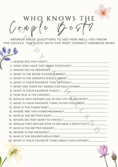 a question card with flowers and the words who knows the couple best?