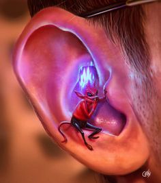 an ear with a cartoon character on it and the caption reads, meunie toets dat die dulwel stege