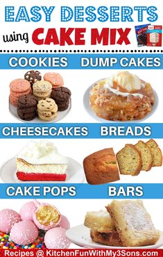 an advertisement for easy desserts cake mix with pictures of cakes, dump cakes and cupcakes