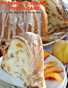 peaches and cream pound cake on a white plate