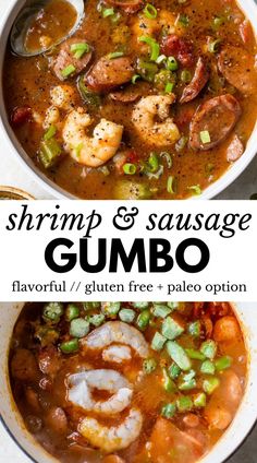 shrimp and sausage gumbo soup in a white bowl