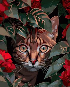 a cat is peeking out from behind some leaves and flowers, with its eyes wide open